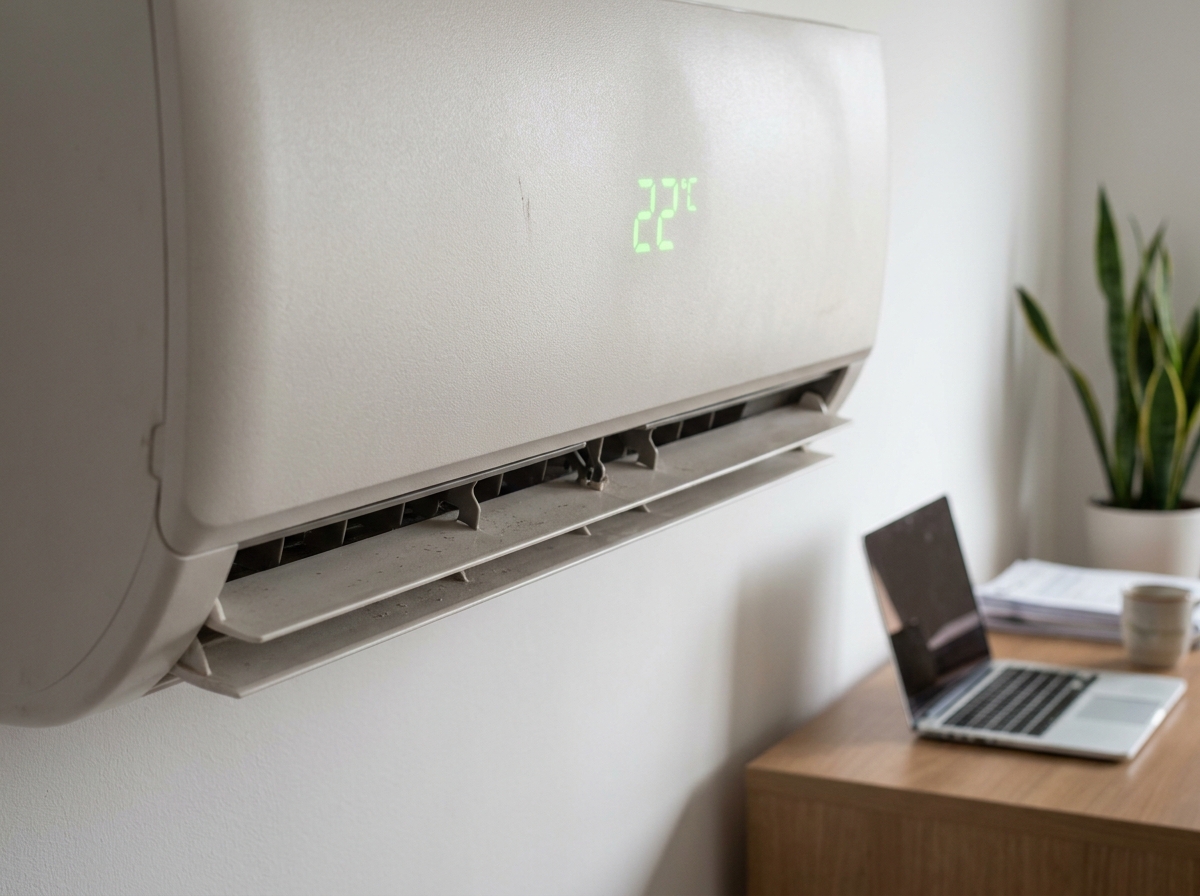 Gros plan sur l'unité intérieure d'un climatiseur réversible dans un bureau à domicile contemporain