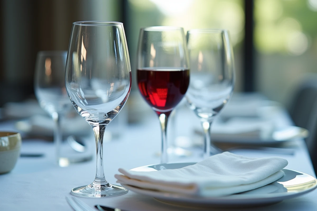 Détail des verres à eau, à vin rouge et flûte à champagne placés correctement sur une table de réception élégante