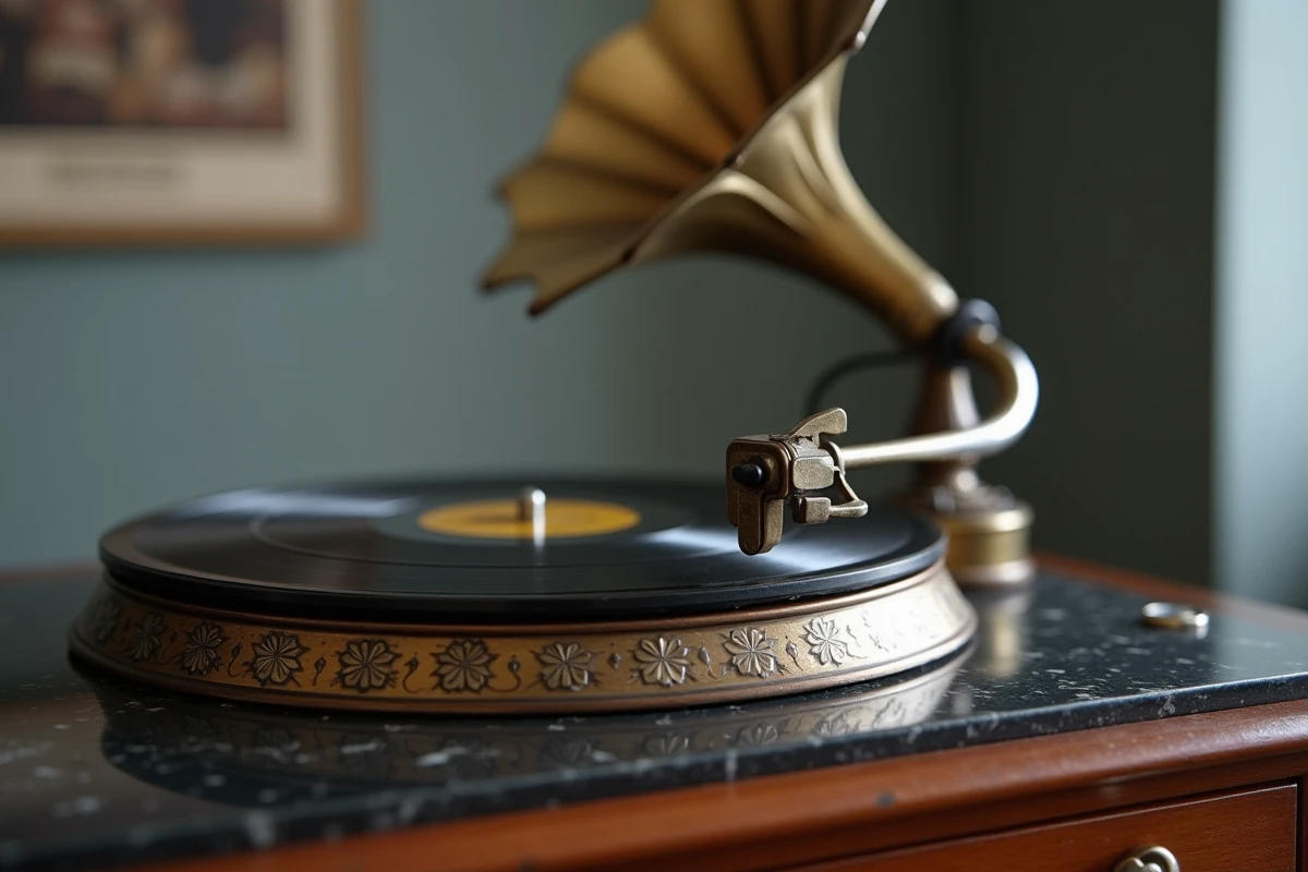 Gros plan sur le bras de lecture et le plateau d'un gramophone restauré, détails mécaniques en laiton oxydé et décors peints à la main