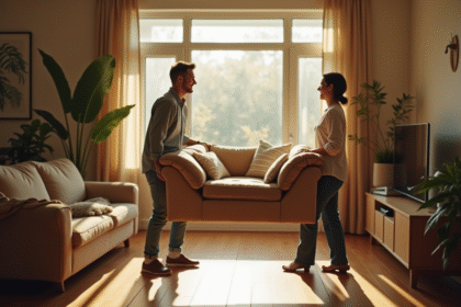 Deux personnes souriantes portent un vieux canapé beige dans un salon lumineux