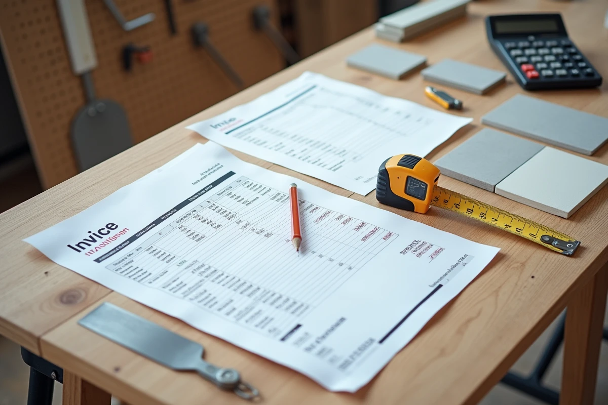Devis de pose de carrelage au m2 avec échantillons de carreaux et outils de mesure sur établi de professionnel