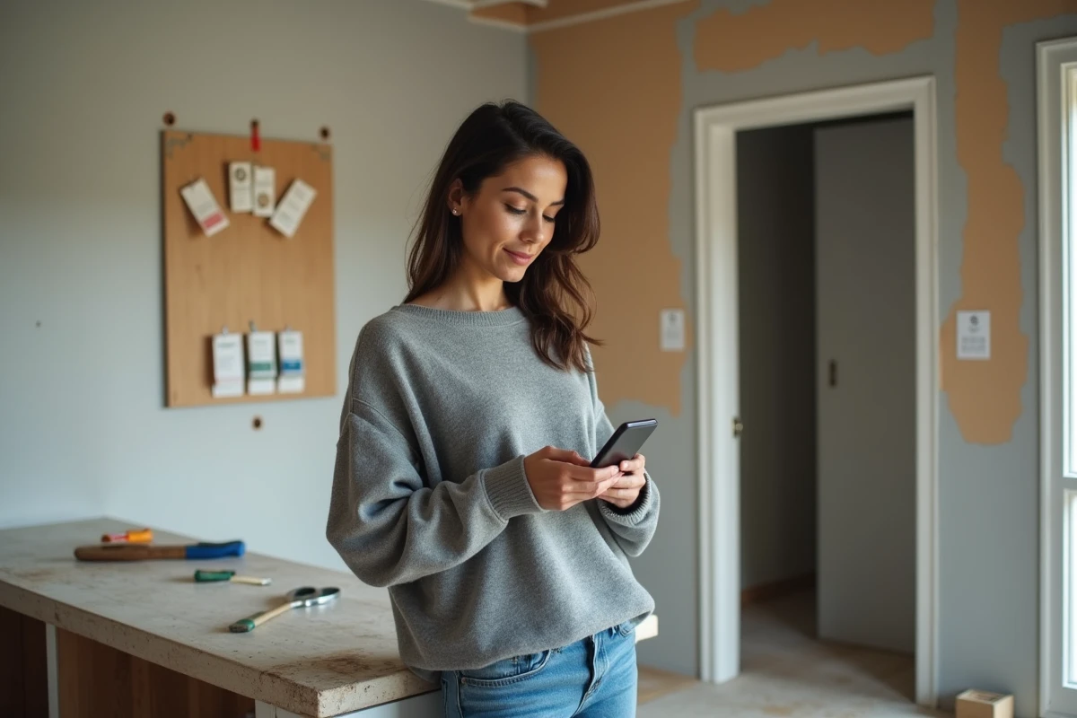 Femme consultant un devis de rénovation sur smartphone dans une cuisine en travaux