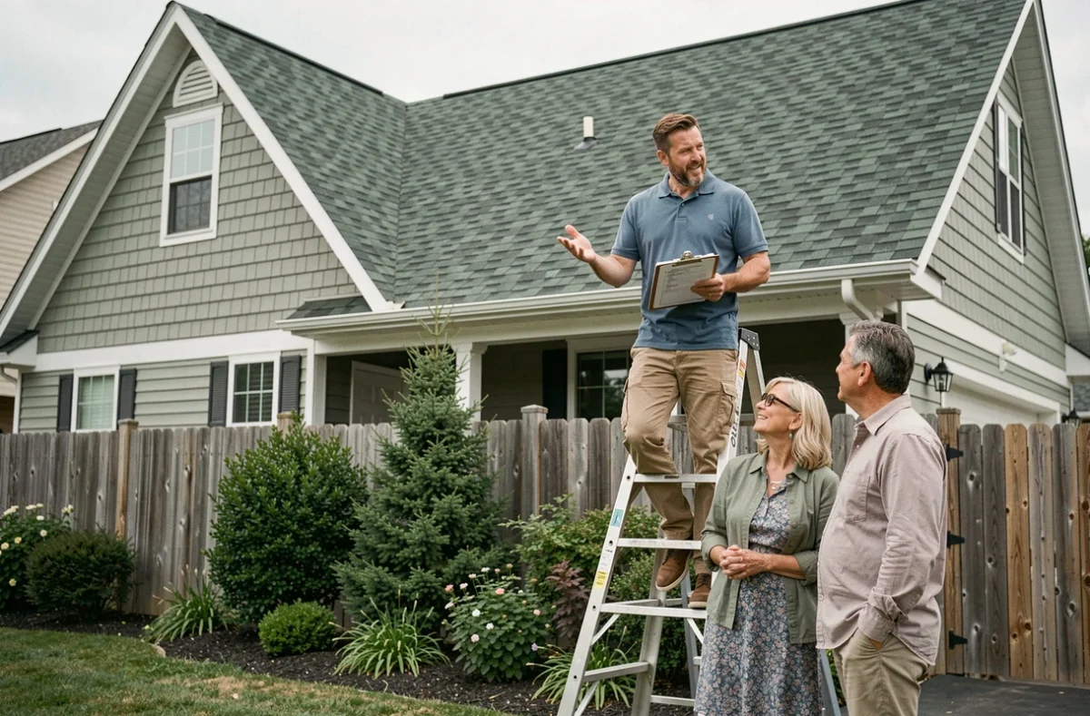 Couvreur discutant du prix d'une toiture shingle avec des propriétaires devant leur maison