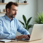 Homme remplissant un formulaire de devis travaux en ligne sur un ordinateur portable dans un bureau à domicile