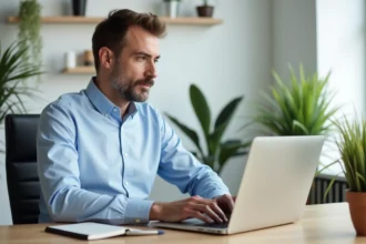 Homme remplissant un formulaire de devis travaux en ligne sur un ordinateur portable dans un bureau à domicile