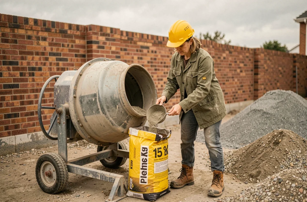 Femme sur chantier de rénovation dosant du ciment depuis un sac 25 kg dans une bétonnière portable