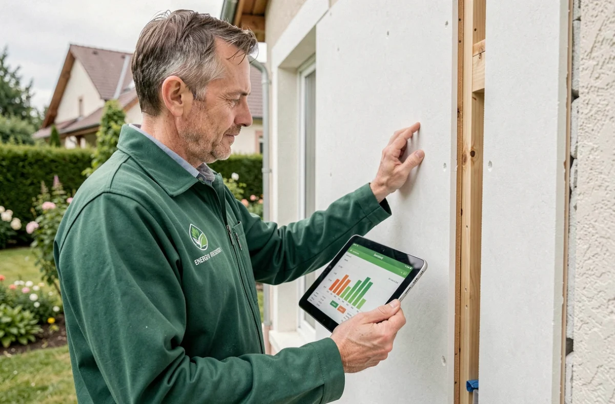 Spécialiste en rénovation énergétique inspectant l'isolation extérieure d'une maison pour Eco Travaux 9 et Réno