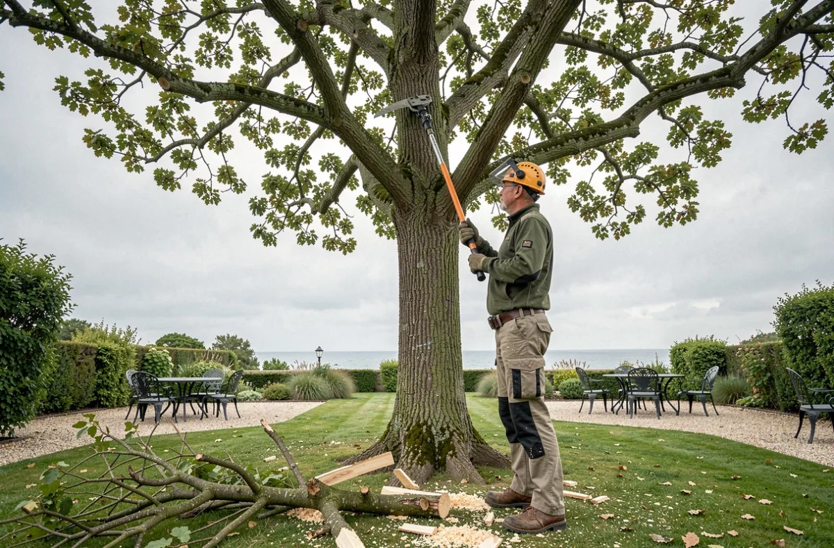 Élagueur utilisant une perche élagueuse sur un grand châtaignier dans un jardin près du front de mer de Royan