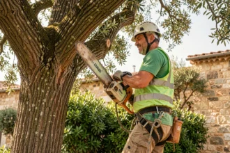 Élagueur professionnel en harnais grimpant dans un chêne pour un élagage en hauteur à La Crau
