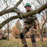 Élagueur professionnel en hauteur dans un chêne avec équipement de sécurité complet, élagage d'une branche épaisse à l'aide d'un émondoir à perche
