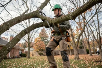 Élagueur professionnel en hauteur dans un chêne avec équipement de sécurité complet, élagage d'une branche épaisse à l'aide d'un émondoir à perche