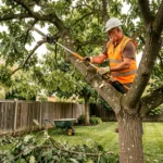 Élagueur professionnel en tenue de sécurité taillant les branches d'un grand chêne dans un jardin résidentiel