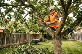 Élagueur professionnel en tenue de sécurité taillant les branches d'un grand chêne dans un jardin résidentiel