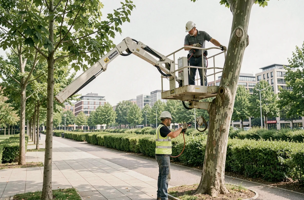 Deux élagueurs municipaux travaillant en tandem dans un parc urbain, l'un sur une nacelle élévatrice et l'autre au sol, pour l'élagage sécurisé d'un grand tilleul