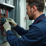 Électricien inspectant un contacteur jour nuit dans un tableau électrique ouvert