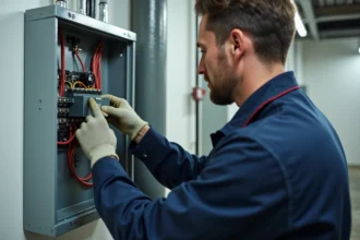 Électricien inspectant un contacteur jour nuit dans un tableau électrique ouvert