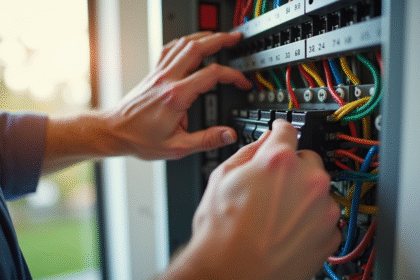 Électricien installant des câbles dans une maison moderne
