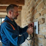 Électricien en travaux dans une maison ancienne française