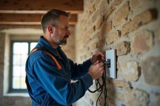 Électricien en travaux dans une maison ancienne française
