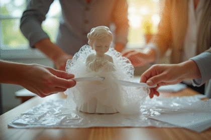 Main enveloppant une figurine en porcelaine fragile