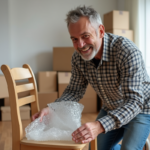 Homme emballant une chaise en bois avec du papier bulle dans un appartement