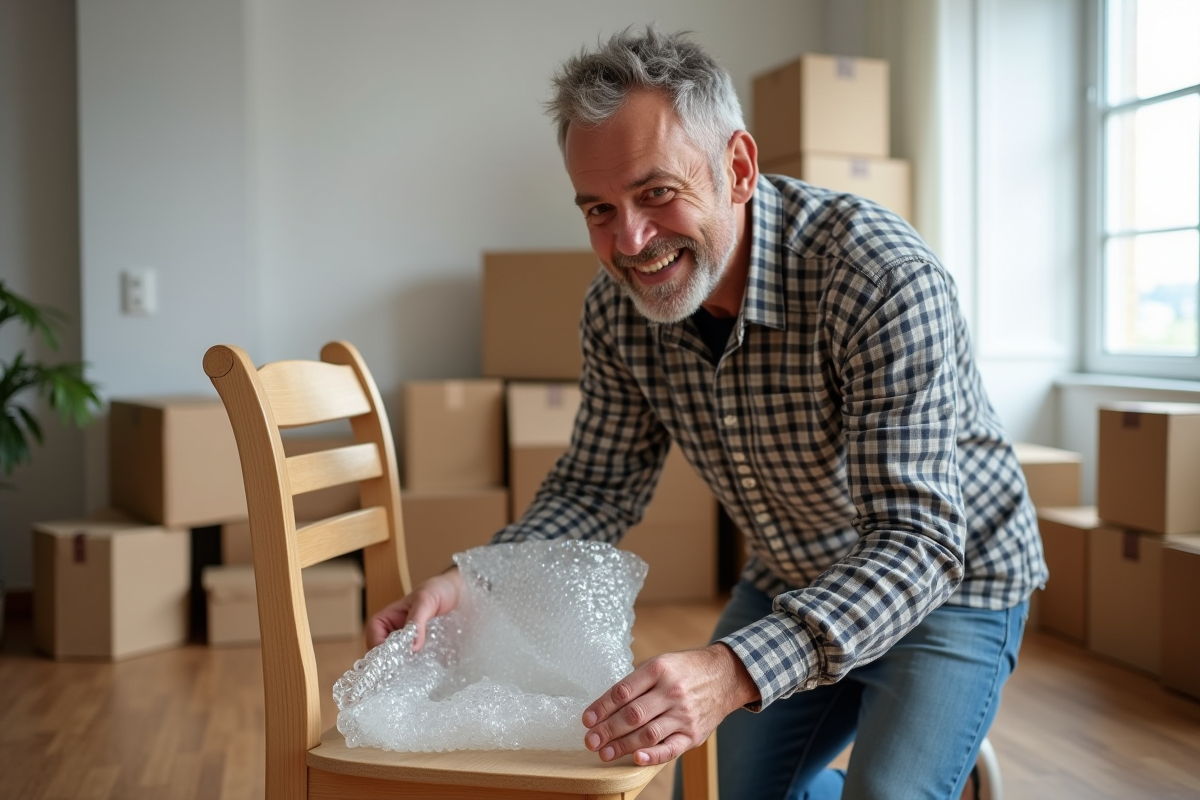 Homme emballant une chaise en bois avec du papier bulle dans un appartement