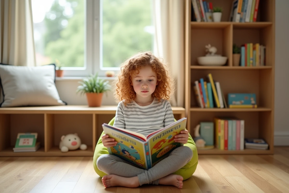 Petite fille aux cheveux bouclés lisant un livre illustré assise dans un fauteuil vert dans une salle de jeux lumineuse