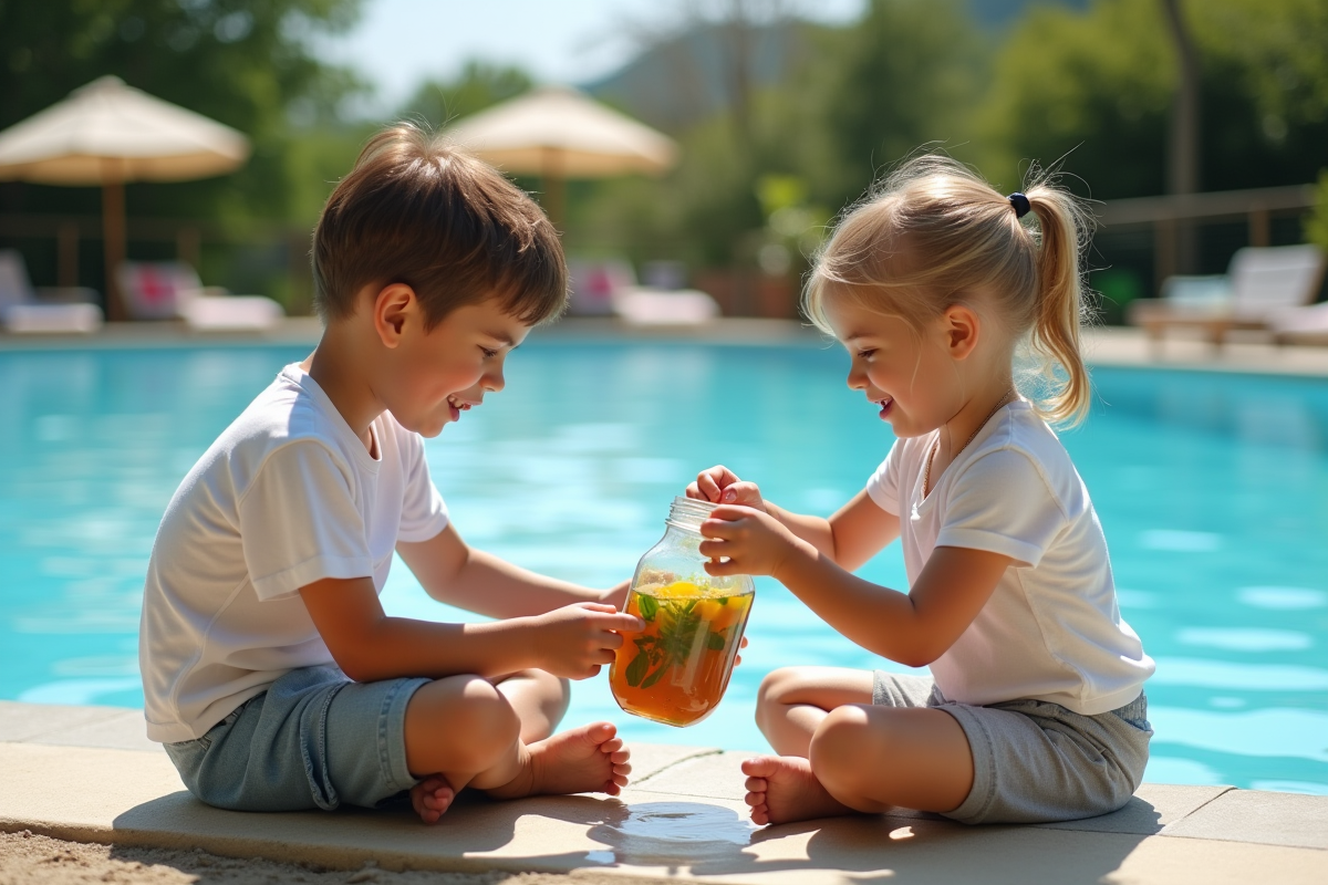 Deux enfants versent une infusion dans la piscine lors d