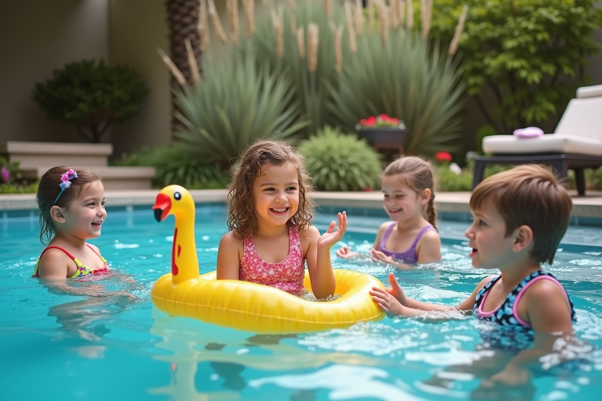 Enfants jouant dans la piscine familiale avec jouets gonflables