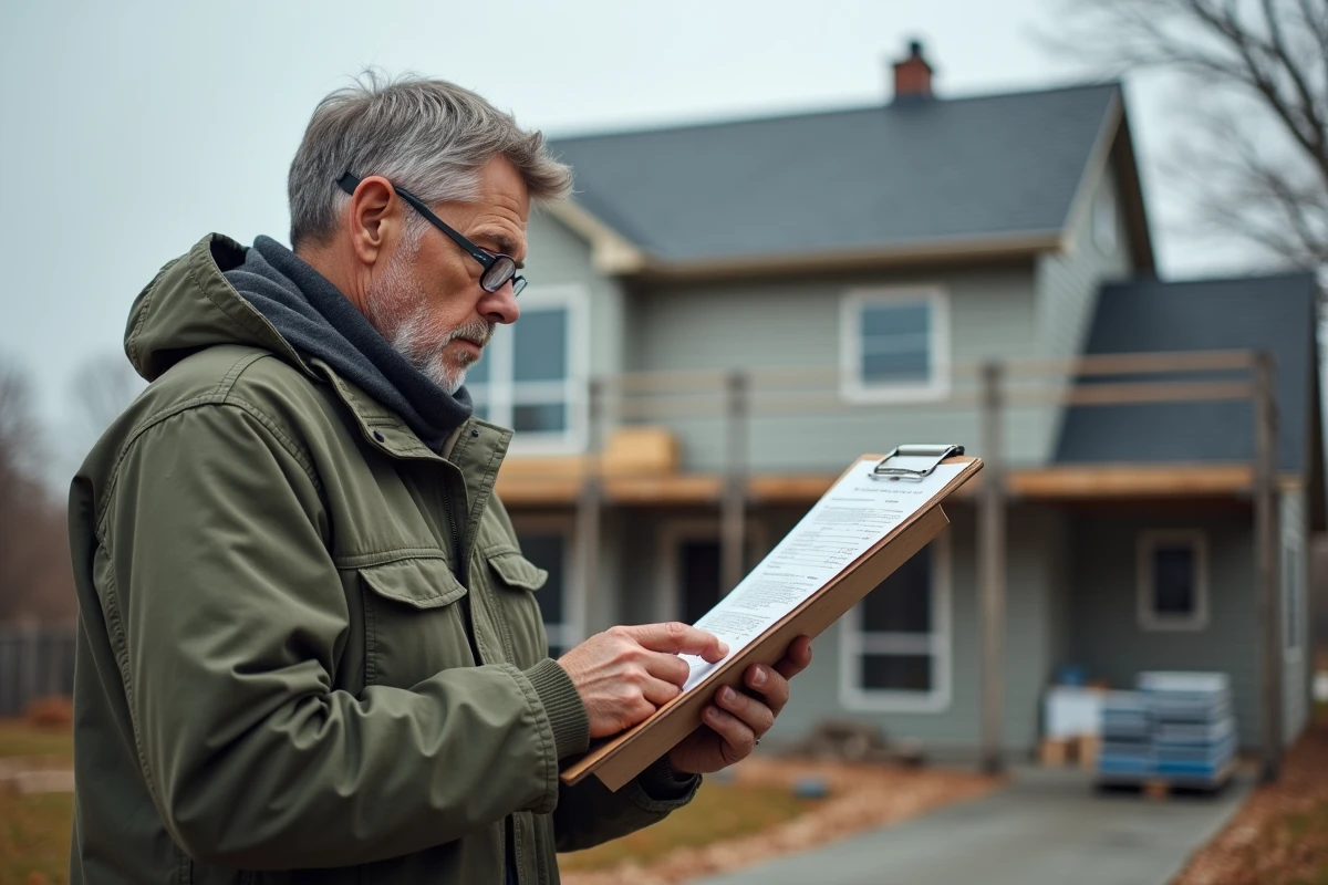 Entrepreneur en bâtiment examinant un devis imprimé sur chantier devant une maison en rénovation