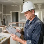 Entrepreneur en rénovation examinant un devis sur chantier dans une cuisine en cours de travaux avec murs en plâtre brut