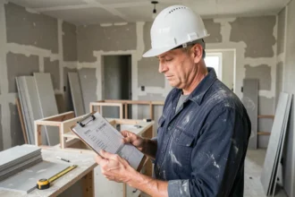 Entrepreneur en rénovation examinant un devis sur chantier dans une cuisine en cours de travaux avec murs en plâtre brut
