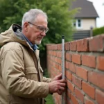 Entrepreneur en bâtiment mesurant la hauteur d'un mur mitoyen en limite de propriété dans un jardin résidentiel