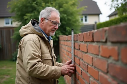 Entrepreneur en bâtiment mesurant la hauteur d'un mur mitoyen en limite de propriété dans un jardin résidentiel