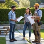 Paysagiste conseil avec couple dans jardin moderne