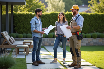 Paysagiste conseil avec couple dans jardin moderne