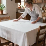 Femme entretenant une nappe infroissable blanche sur une table en bois dans une salle à manger rustique