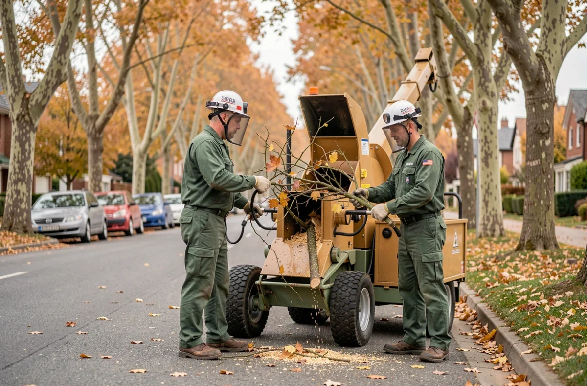 Deux élagueurs utilisant un broyeur de branches en bord de route dans un quartier résidentiel en automne