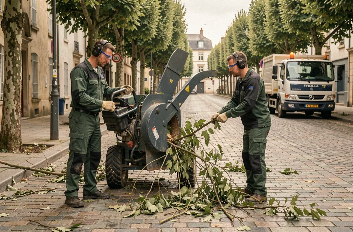 Équipe d'élagueurs utilisant un broyeur de branches dans une rue arborée d'une commune de Loire-Atlantique