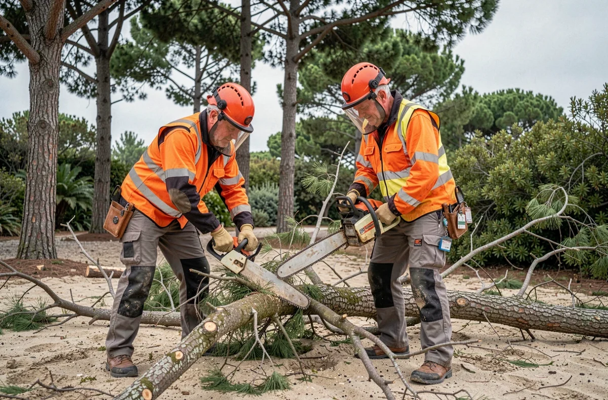 Deux élagueurs en tenue de sécurité débroussaillant des branches dans un jardin côtier à Royan