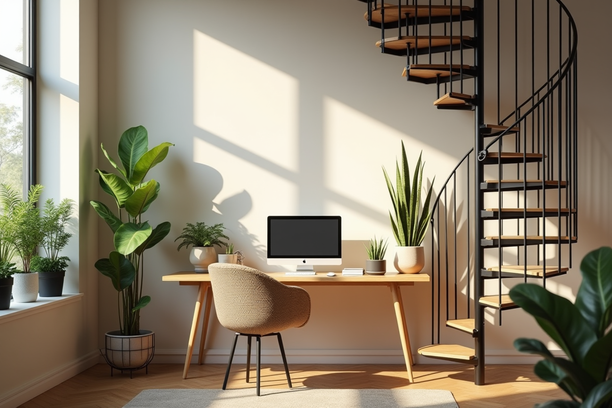Espace de travail sous un escalier spiralé dans une maison moderne