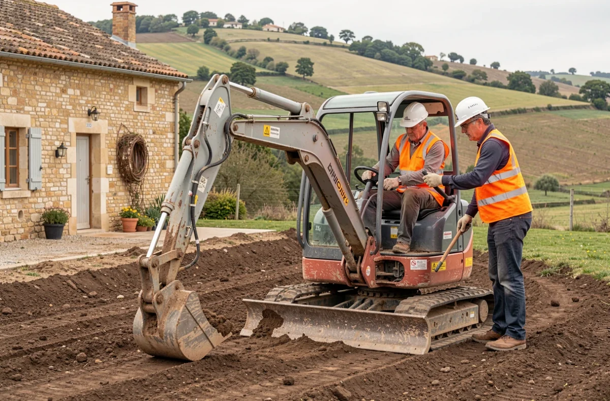 Ouvriers de Société Magne TP utilisant une pelle mécanique sur un chantier de terrassement en Tarn-et-Garonne