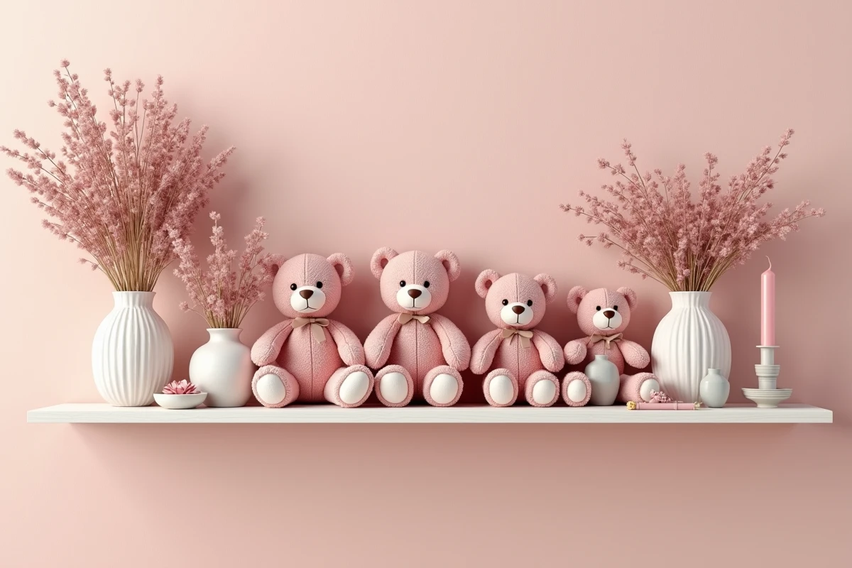Étagère décorative avec des oursons roses et des accessoires de décoration intérieure dans une chambre tendance