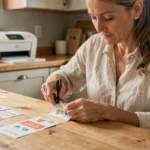 Femme découpant une étiquette imprimée pour boite aux lettres à la table de cuisine, guide pratique DIY maison