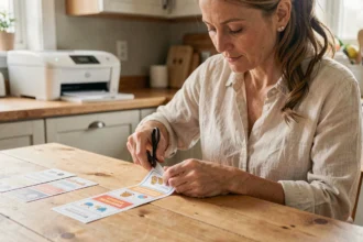 Femme découpant une étiquette imprimée pour boite aux lettres à la table de cuisine, guide pratique DIY maison