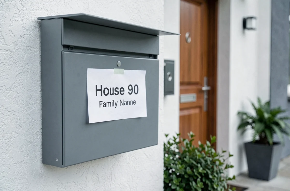 Étiquette imprimée collée sur une boite aux lettres moderne à l'entrée d'une maison résidentielle