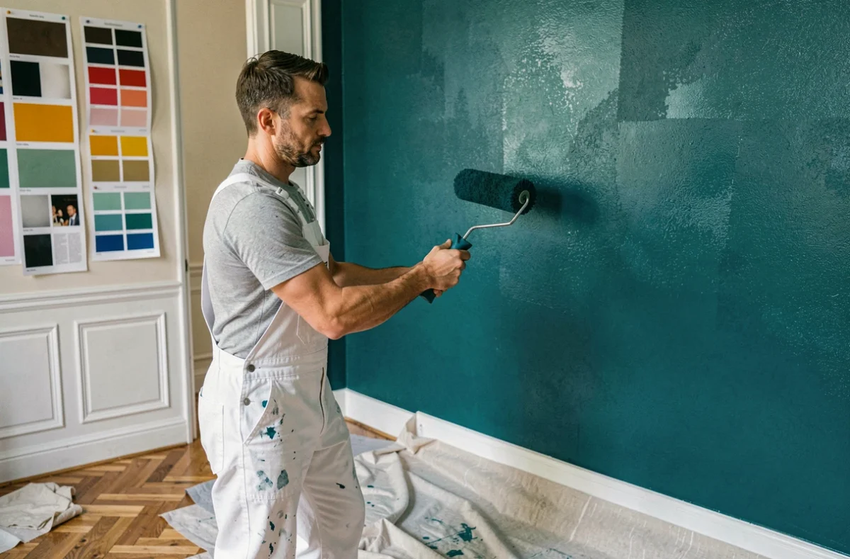 Peintre décorateur de EURL JCP Couleur appliquant une peinture murale dans un intérieur français rénové