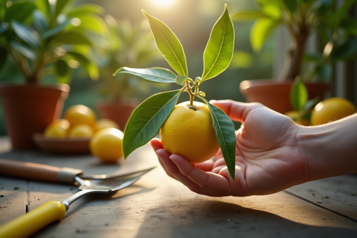 Main examinant une feuille de citronnier avec taches jaunes sur un patio ensoleille