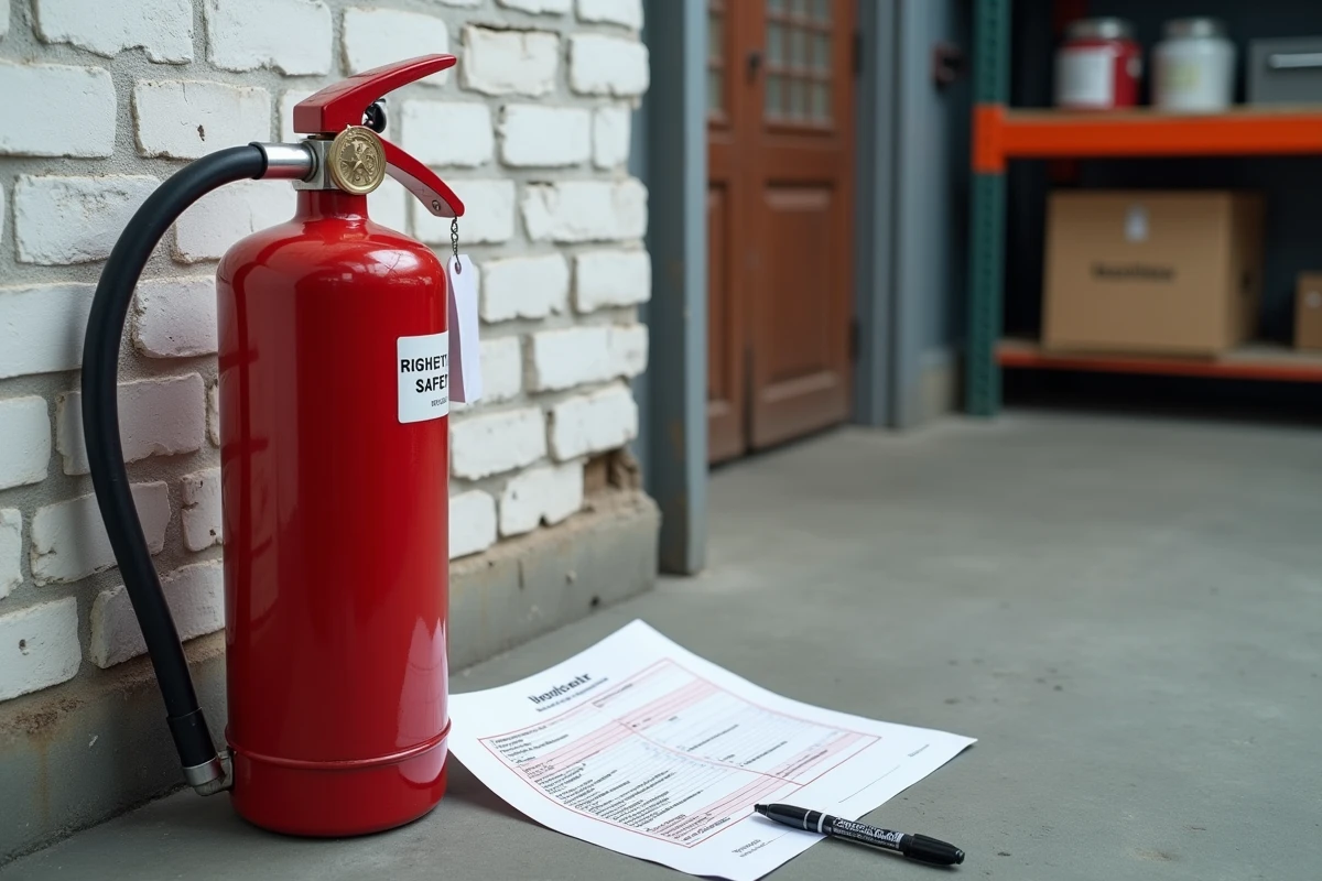 Extincteur poudre rouge posé au sol avec une check-list de sécurité incendie imprimée et une étiquette de contrôle annuel