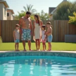 Famille devant une piscine hors sol en été